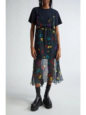 Sacai Womens Floral Print Mixed Media Layered Midi Dress Navy Size 2 / US 8